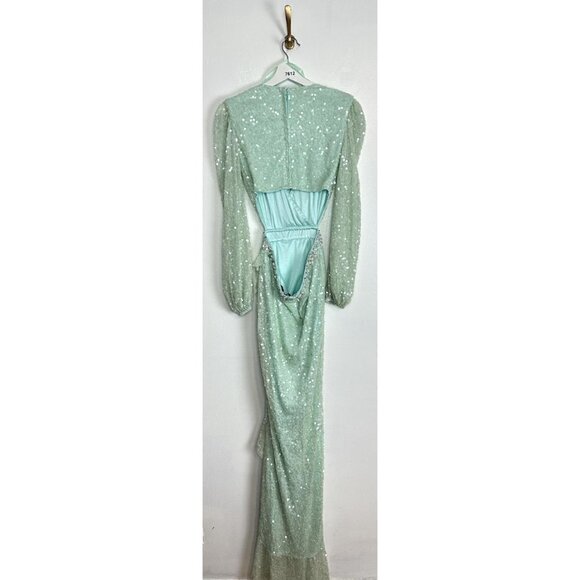 MAC DUGGAL Sequined Faux Wrap Cut Out Puff Sleeve Gown in Soft Mint Size US 4 - Picture 7 of 11